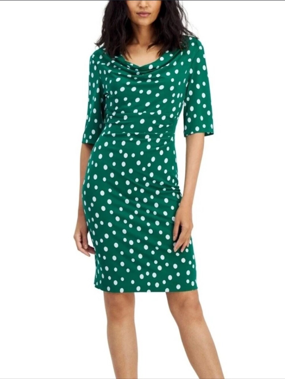 Connected Apparel NWT Green White Polka Dot Cowl Neck Dress Size 12 Cocktail